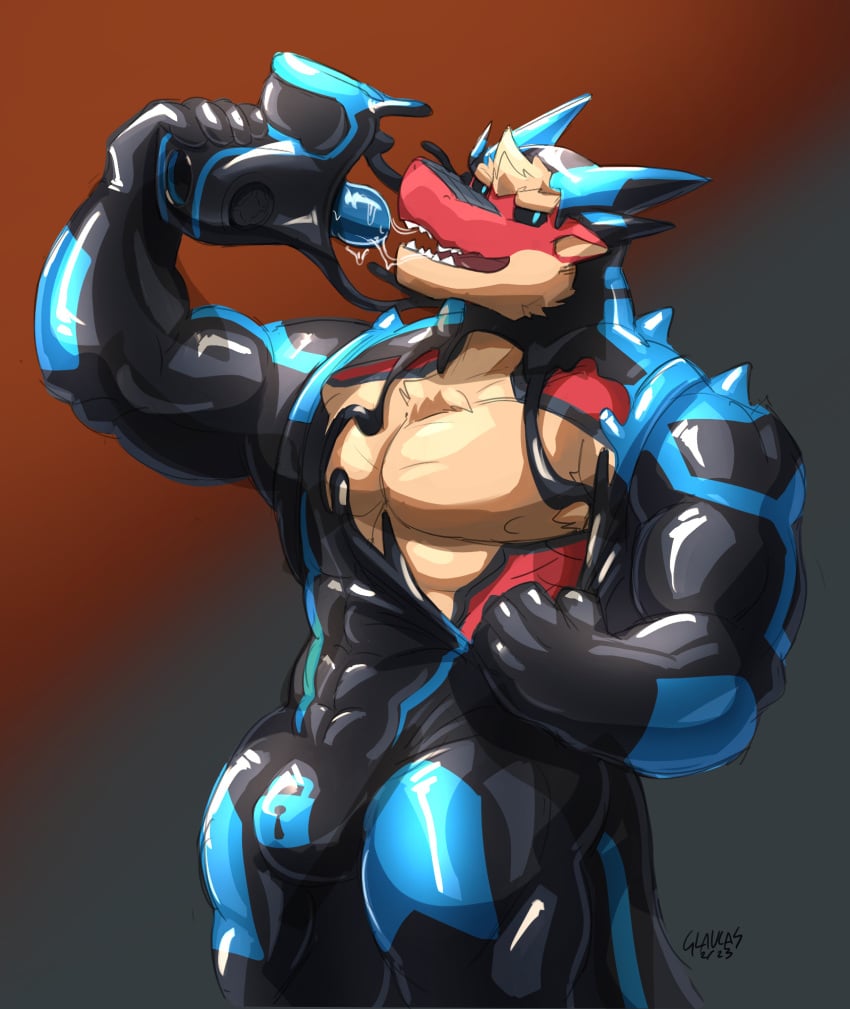 2023 abs anthro barazoku biceps big_muscles biped cock_gag dragon drone dronification gag glaucablitz hi_res lock_bulge looking_at_viewer male muscular muscular_anthro muscular_male mythological_creature mythological_scalie mythology pecs scalie solo