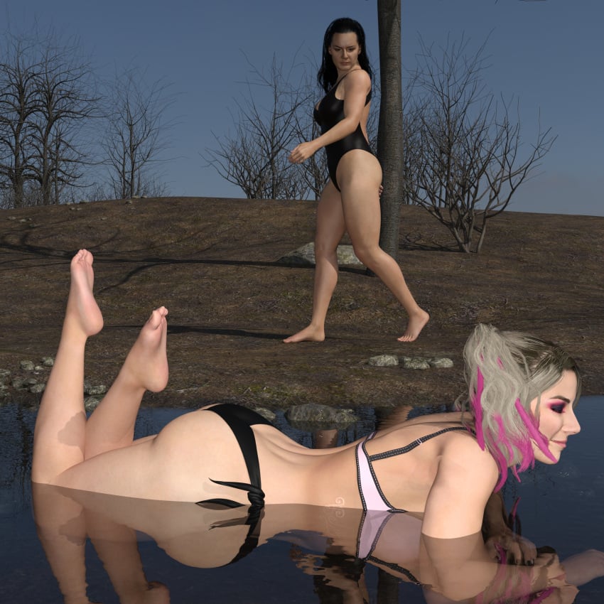 2girls 3d alexa_bliss bikini black_hair black_one-piece_swimsuit blonde_hair female female_only gameweasel laying_on_stomach one-piece_swimsuit original swimsuit