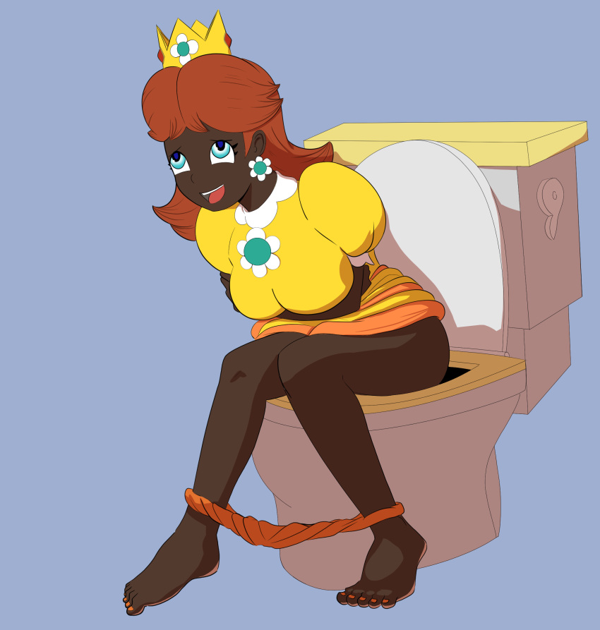 1girls blue_eyes crown dark_skin dark_skinned_female earring female_only happy mario_(series) orange_nail_polish orange_nails orange_panties orange_toenail_polish orange_toenails orange_topwear panties panties_down princess_daisy red_hair relief smile smiling toilet toilet_use