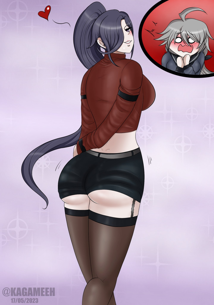 blush danganronpa danganronpa_rebirth fanganronpa fujimori_ayumu fully_clothed garter_straps grey_hair heart kagami_hirotaka looking_at_viewer nylon_stockings purple_hair stockings thighhighs todoroki_aruma