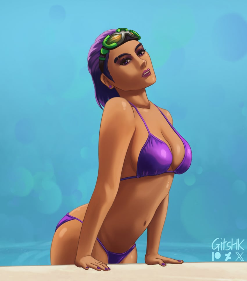 1girls bikini brown_skin female female_only overwatch overwatch_2 solo sombra swimsuit tulum_sombra