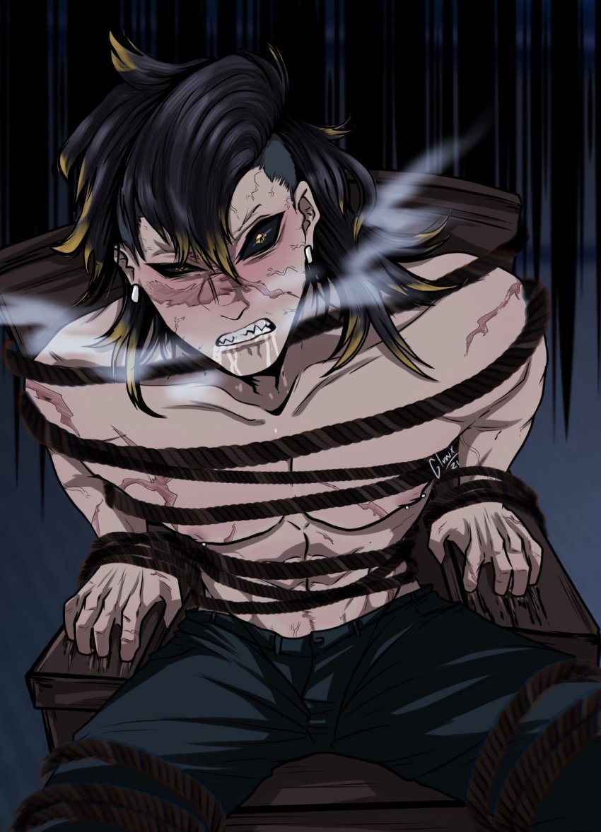 abs black_hair black_pants black_sclera blush body_scars breath_cloud chair_bondage demon_slayer drool drooling earrings genya_shinazugawa glowx kimetsu_no_yaiba male_only scars scars_on_body solo_male tied_up yellow_eyes yellow_highlights