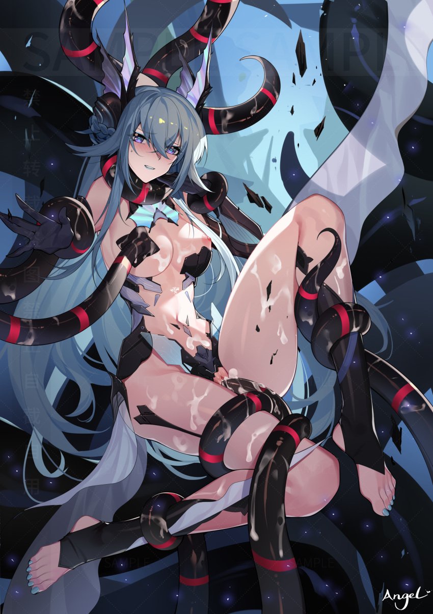 1girls anal armor blue_hair bukkake cum cum_in_pussy cum_inside cum_on_body fins fish lamia lamia_(punishing:_gray_raven) lc_angel long_hair medium_breasts monster nipples nude punishing:_gray_raven purple_eyes rape robot solo tentacle tentacle_sex vaginal_penetration