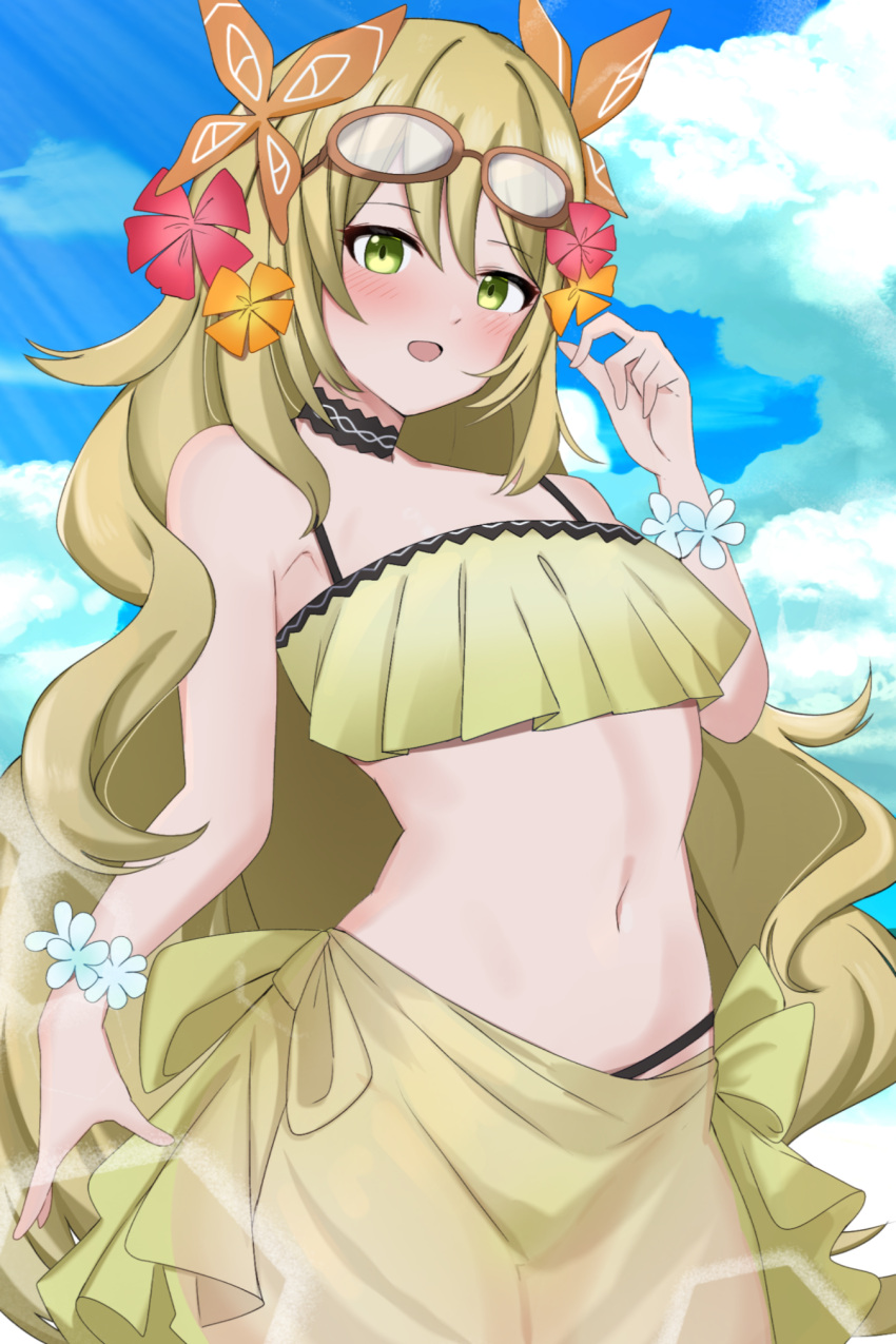 1girls :d alternate_costume armpits bare_arms bare_midriff bare_shoulders bikini black_choker blonde_hair blue_sky blush breasts butterfly_hair_ornament celine_(fire_emblem) choker cloud cloudy_sky day eyewear_on_head female female_only fire_emblem fire_emblem_engage flower glasses glasses_on_head green_eyes hair_flower hair_ornament highres long_hair looking_at_viewer midriff nintendo open_mouth orange_flower outdoors pink_flower sarong shoulders sky small_breasts smile solo swimsuit toshimasa toshimasa_(ztvy3575) very_long_hair yellow_bikini yellow_hair yellow_swimsuit