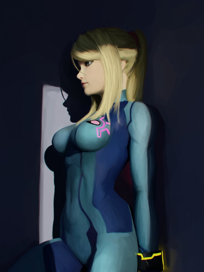 blonde_hair breasts looking_away malphier metroid samus_aran skintight wide_hips zero_suit zero_suit_samus