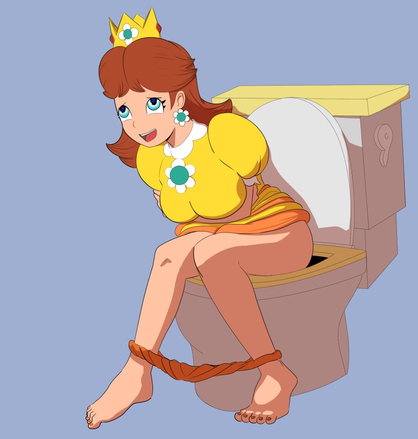 1girls blue_eyes crown earring female_only happy implied_scat light_skin light_skinned_female mario_(series) orange_nail_polish orange_nails orange_panties orange_toenail_polish orange_toenails orange_topwear panties panties_down princess_daisy red_hair relief scat smile smiling toilet toilet_use