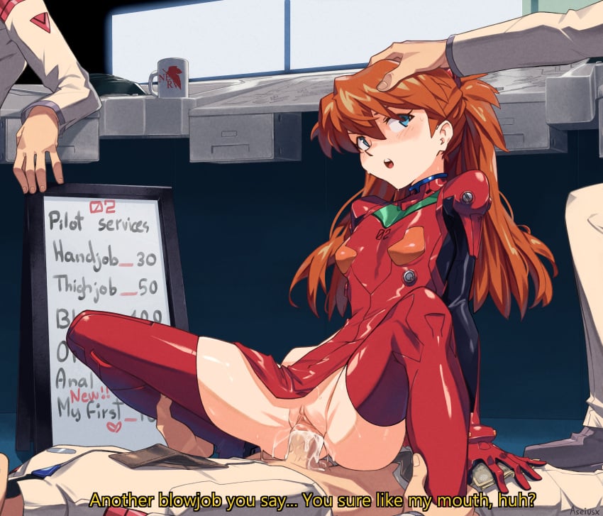 1girls 3boys absurd_res adapted_costume arm_support aseiusx assertive assertive_female asuka_langley_sohryu banknote being_watched blue_eyes bodysuit boots breasts brown_hair clothed_female clothed_sex crotchless cum cum_drip cum_in_pussy cum_inside english_text female female_focus group hair_between_eyes headpat hi_res holding holding_money indoors light-skinned_female light_skin long_hair menu_board money multiple_boys neon_genesis_evangelion no_panties offering open_mouth penetration penis plugsuit prostitution public_sex reclining red_bodysuit red_footwear sex shaved_pussy small_breasts smile souryuu_asuka_langley spread_legs spreading squatting_cowgirl_position straight sweat text thigh_boots uncensored unseen_male_face vaginal_penetration vaginal_sex