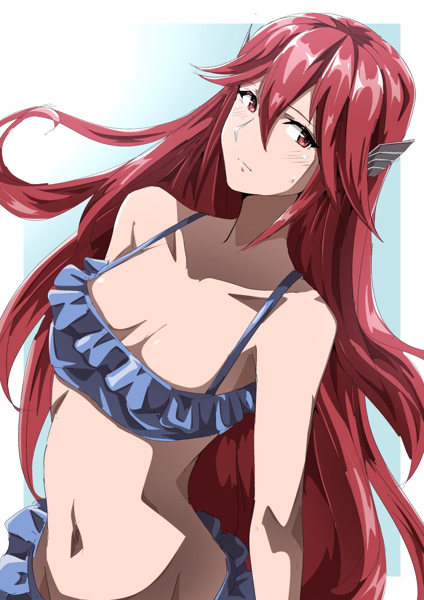 1girls absurdres alternate_costume bikini blue_background blue_bikini blue_swimsuit blush border breasts cleavage closed_mouth collarbone cordelia_(fire_emblem) female fire_emblem fire_emblem_awakening hair_between_eyes hair_ornament highres long_hair midriff navel official_alternate_costume outside_border red_eyes red_hair simple_background small_breasts solo stomach sweatdrop swimsuit to_(tototo_tk) very_long_hair white_border wing_hair_ornament