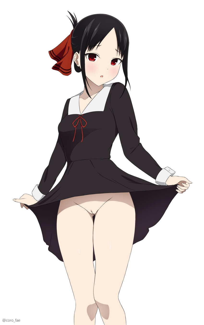 :o absurdres accurate_art_style ass_visible_through_thighs bare_legs black_hair breasts clothes_lift coro_fae dot_nose dress dress_lift female folded_ponytail groin hair_ribbon highres kaguya-sama_wa_kokurasetai_~tensai-tachi_no_renai_zunousen~ looking_at_viewer no_panties official_style open_mouth pussy red_eyes red_ribbon ribbon school_uniform shinomiya_kaguya shuuchiin_academy_school_uniform simple_background small_breasts solo thighs uncensored white_background