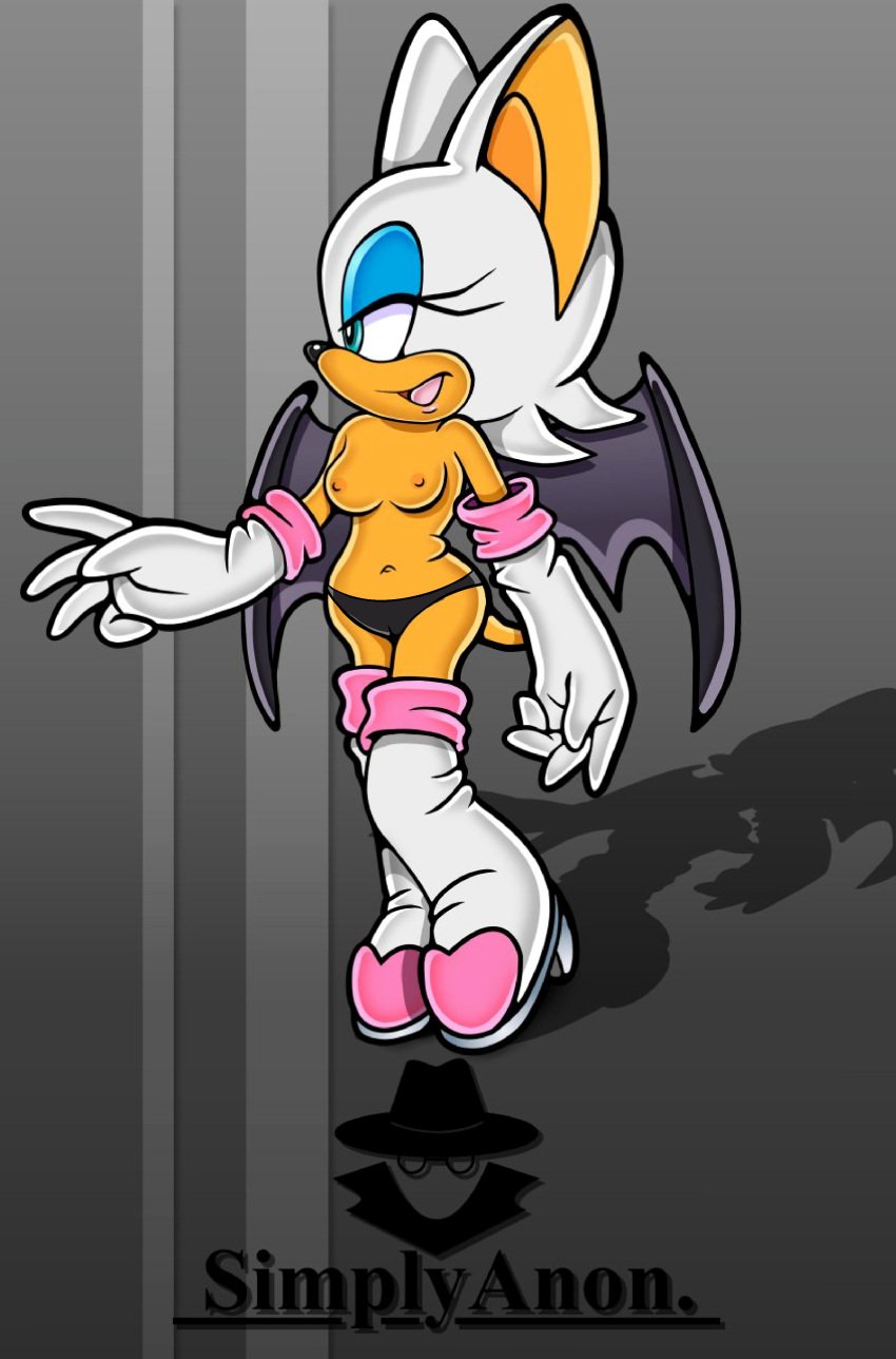 accurate_art_style blue_eyes partial_nudity partially_nude_female rouge_the_bat semi_nude solo_female sonic_(series) sonic_the_hedgehog_(series) sprite_edit tan_skin third_party_edit thong topless uekawa_style