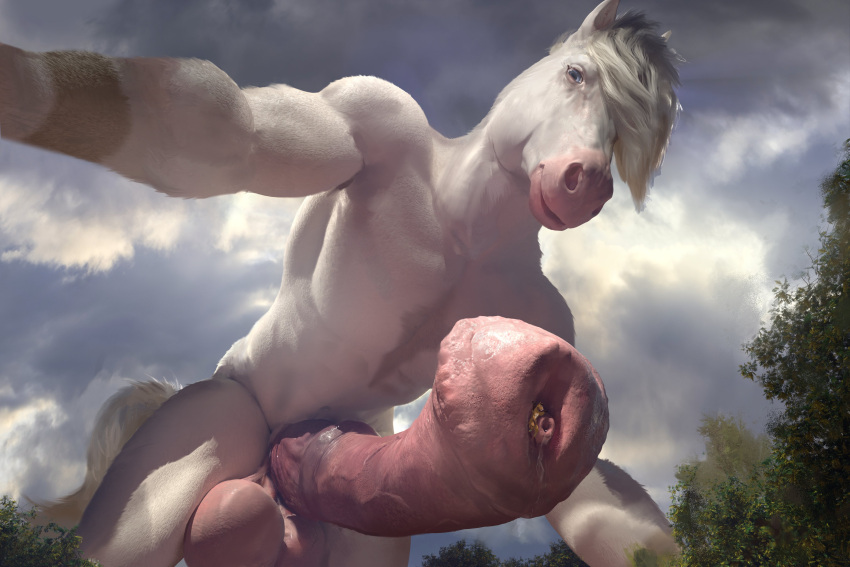 absurd_res animal_genitalia animal_penis anthro balls big_balls big_penis bodily_fluids duo equid equine equine_genitalia equine_penis erection extreme_size_difference flared_penis fur genital_fluids genitals hi_res huge_balls huge_cock looking_down macro male male/male mammal medial_ring penis precum size_difference spectrumshift white_body white_fur