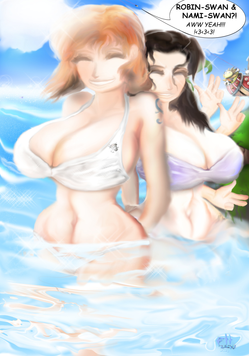 2girls almost_nude archaeologist arm_behind_back belly_button big_breasts blue_sky bracelet busty closed_eyes clouds curvaceous curvy curvy_female curvy_figure dark_hair digital_art exposed_belly exposed_belly_button eyelashes female female_only fhzachy firehead12zachy grass huge_boobs island jolly_roger lean_muscle log_pose long_hair multiple_girls ocean palm_tree pirate post-timeskip purple_bikini purple_swimsuit red_hair reflection ripples side_by_side skull smile smiles smiling_at_viewer sparkles swimsuit swimwear thousand_sunny toned toned_female tropical two-piece_swimsuit two_girls water waves white_bikini