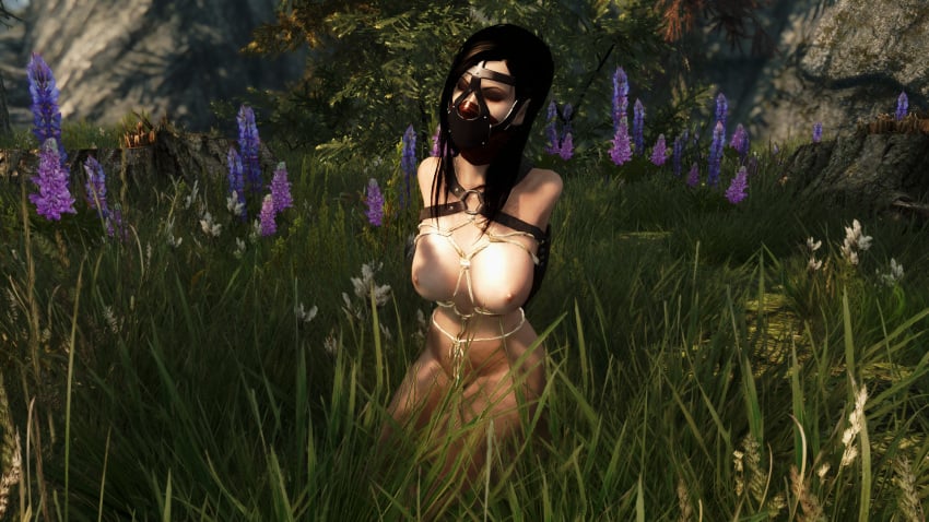 1girls 3d arms_behind_back black_hair bondage bondage bondage_mask kneeling m7seven nude nude_female skyrim