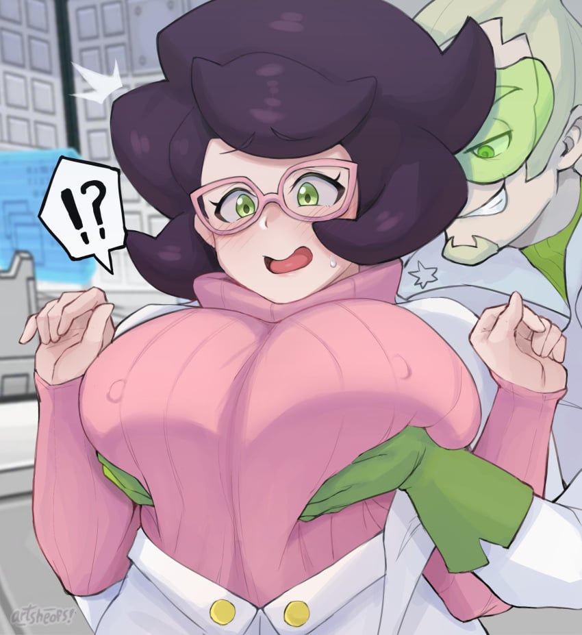 1boy 1girls aether_foundation artsheops breast_grab breasts clothee creepy_smile faba_(pokemon) female glasses green_eyes hi_res huge_breasts long_hair male mature_female milf naughty_face nintendo pokemon pokemon_sm purple_hair voluptuous wicke_(pokemon)