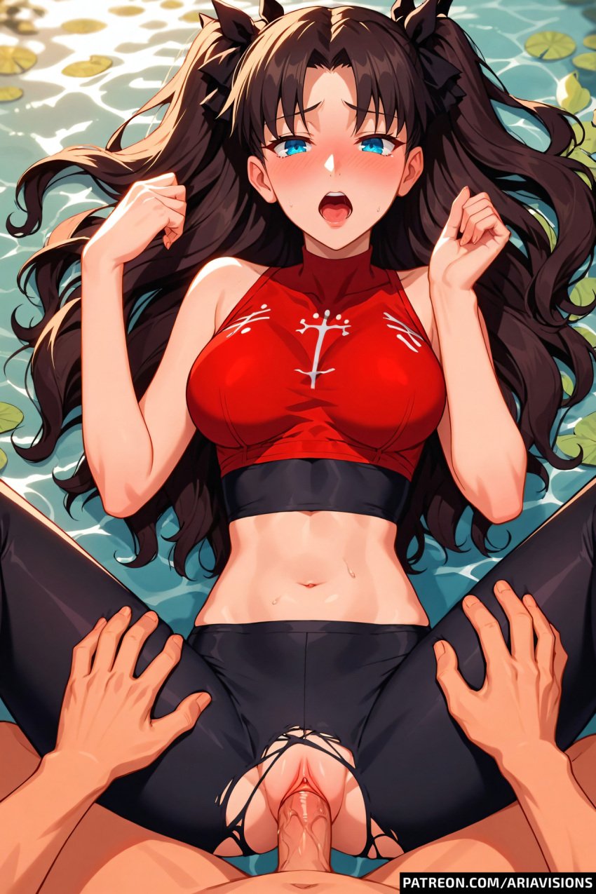 1boy 1girls ai_generated ariavisions black_hair blue_eyes blush fate_(series) female grabbing_thighs holding_legs male missionary_position moaning ribbons sex tohsaka_rin torn_clothes