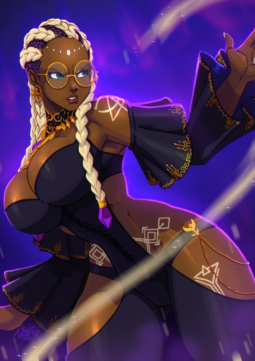 1girls big_ass big_breasts black_thong bodypaint braid braided_hair braided_ponytail breasts busty cleavage clothed dark-skinned_female dark_skin dolores_(kof) dress earrings female glasses gold gold_(metal) gold_jewelry green_eyes huge_breasts jewel jewelry king_of_fighters long_hair long_sleeves necklace purple_hair round_glasses thick thick_lips thick_thighs thighs thin_waist thong tied_hair tovio_rogers two_tone_hair voluptuous voluptuous_female white_hair wide_hips