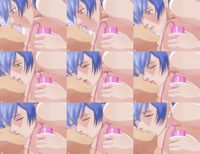 animated bare_shoulders bathroom bathroom_sex closed_eyes collage discipline:record_of_a_crusade glossy_lips kissing miyagishi_yuuki nude_female sex short_blue_hair tongue vibrator