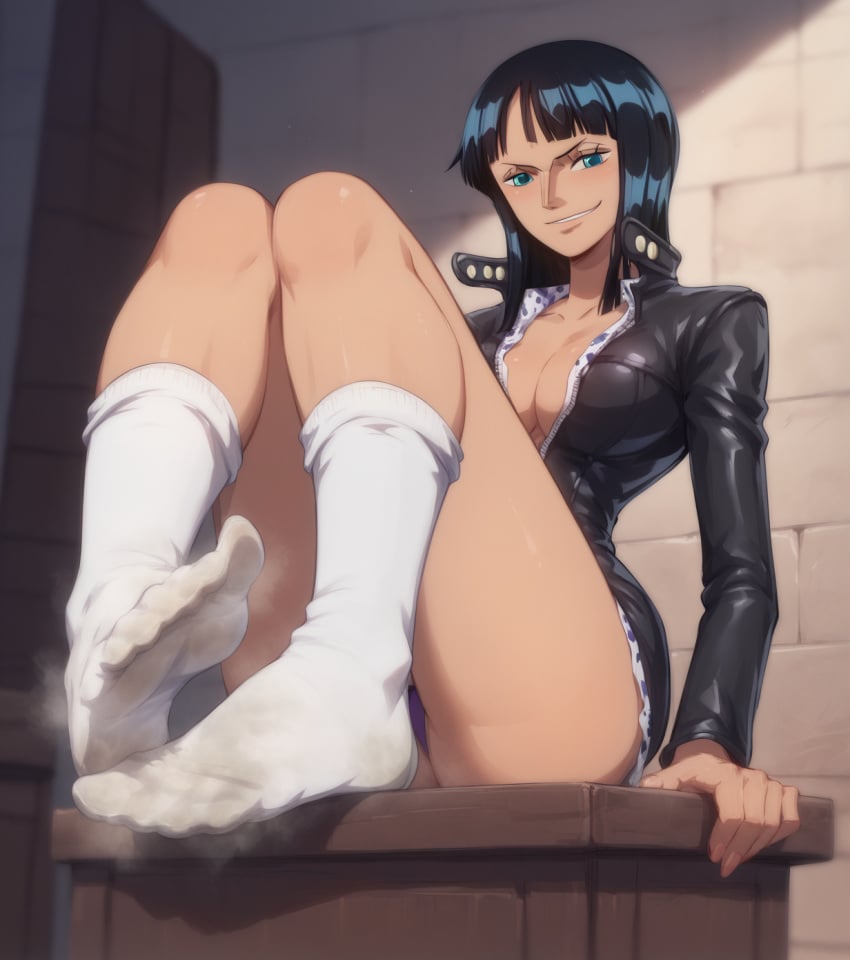 1girls ai_generated biznatch feet female female_only femdom foot_fetish leather leather_jacket nico_robin one_piece pre-timeskip smell socks soles soles_of_feet_in_socks sweat toes