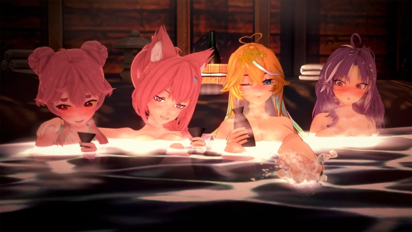 4girls arielle_(vtuber) blonde_hair breasts breasts_out clenched_teeth convenient_censoring covered_nipples drinking feet female female_only froggyloch hades7.4.7 hotspring hotsprings implied_nudity indie_virtual_youtuber large_breasts meicha_(vtuber) michi_mochievee multiple_girls nude_female onsen pink_hair purple_hair rainbow_hair sake sake_bottle shy shy_expression shy_smile smile smug spamerino111 splashing steam surprised_expression virtual_youtuber water wet