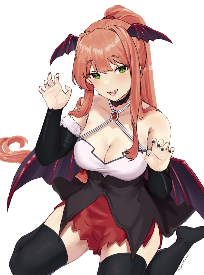 1female 1girls 5_fingers breasts cleavage doki_doki_literature_club female female_focus green_eyes halloween kamisato_yuu long_hair monika_(doki_doki_literature_club) vampire_girl