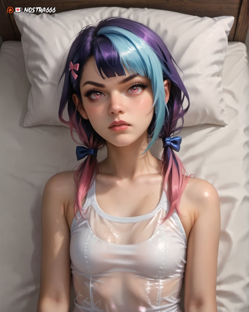 1girl abby ai_generated bed female looking_at_viewer nostra666 oc original_character patreon pillow