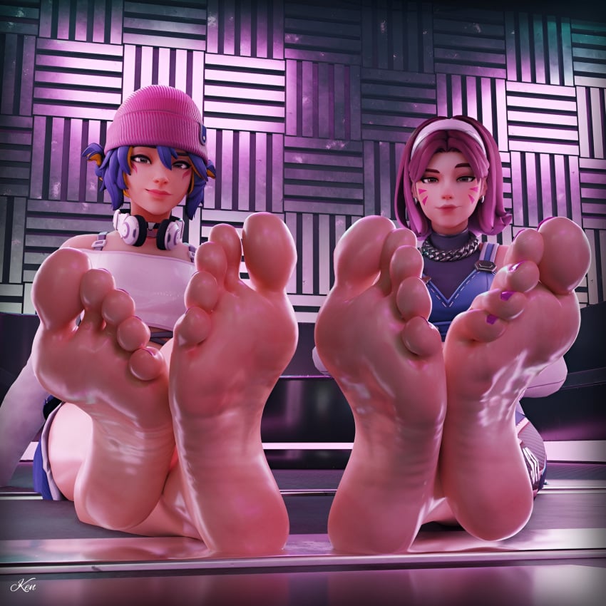 2females 3d antifragile_dazzle antifragile_kira-kira barefoot blizzard_entertainment crossed_legs d.va feet feet_together female female_focus female_only foot_fetish foot_focus hana_song japanese kenuwu kiriko_(overwatch) kiriko_kamori korean le_sserafim looking_at_viewer multiple_girls oiled_feet overwatch overwatch_2 soles toes