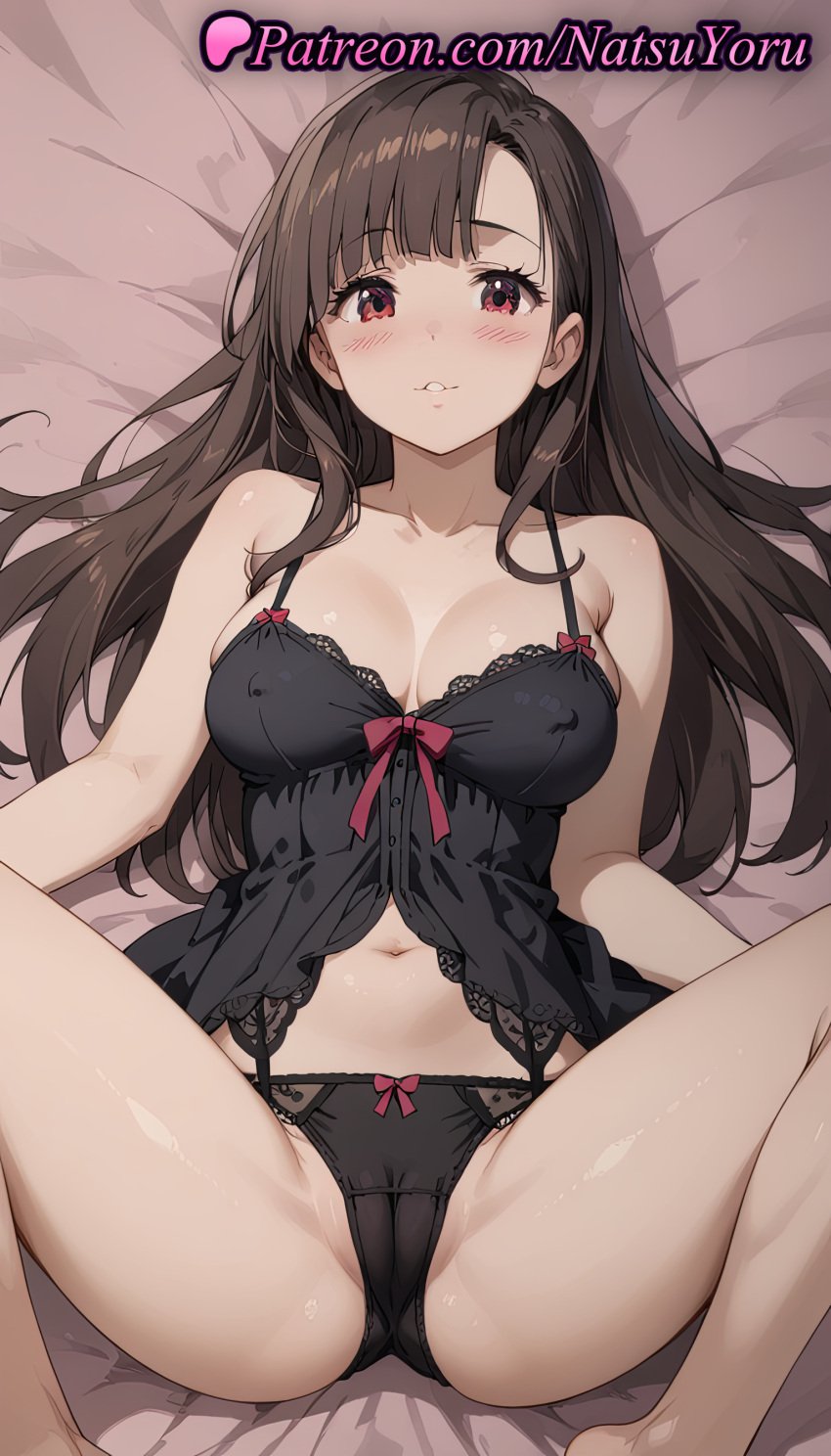 1girls ai_generated anime anime_style asian asymmetrical_bangs babydoll bangs bare_arms bare_legs bare_shoulders barefoot bed_sheet black_babydoll black_hair black_panties blunt_bangs blush bow bow_panties bra breasts brown_hair bust busty cameltoe camisole cleavage closed_mouth collarbone covered_nipples east_asian feet_out_of_frame female female_focus female_only from_above hentai kono_subarashii_sekai_ni_shukufuku_wo! lace_trim large_breasts lingerie long_hair looking_at_viewer lying medium_breasts natsuyoru navel on_back on_bed panties pantsu parted_bangs parted_lips partially_visible_vulva red_eyes smile solo solo_female spaghetti_strap spread_legs stomach thighs underwear underwear_only voluptuous voluptuous_female yuiyui_(konosuba)