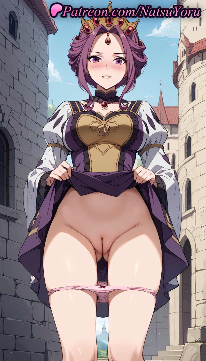 1girls ai_generated anime anime_style ass_visible_through_thighs blue_sky blush bow bow_panties breasts brick_wall brooch bust busty cleft_of_venus clothes_lift cloud crown day dress dress_lift feet_out_of_frame female female_focus female_only forehead_jewel gem hentai jewelry juliet_sleeves labia_majora large_breasts lifted_by_self lips long_sleeves looking_at_viewer mature_female mirelia_q_melromarc natsuyoru non-asian outdoors paipan panties pantsu panty_pull parted_lips pink_panties public_indecency puffy_long_sleeves puffy_sleeves purple_dress purple_eyes purple_hair pussy red_gemstone skirt skirt_lift sky smile solo solo_female standing tate_no_yuusha_no_nariagari the_rising_of_the_shield_hero thigh_gap thighs tiara uncensored underwear vagina voluptuous voluptuous_female wide_sleeves