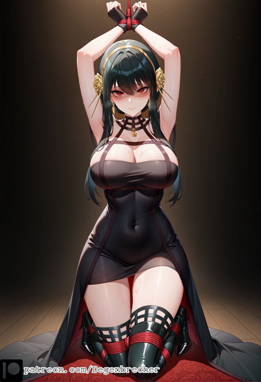 1girls ai_generated black_dress black_gloves black_hair bondage bondage degenbrecher patreon patreon_username shaded_face spy_x_family subscribestar subscribestar_username yor_briar yor_forger