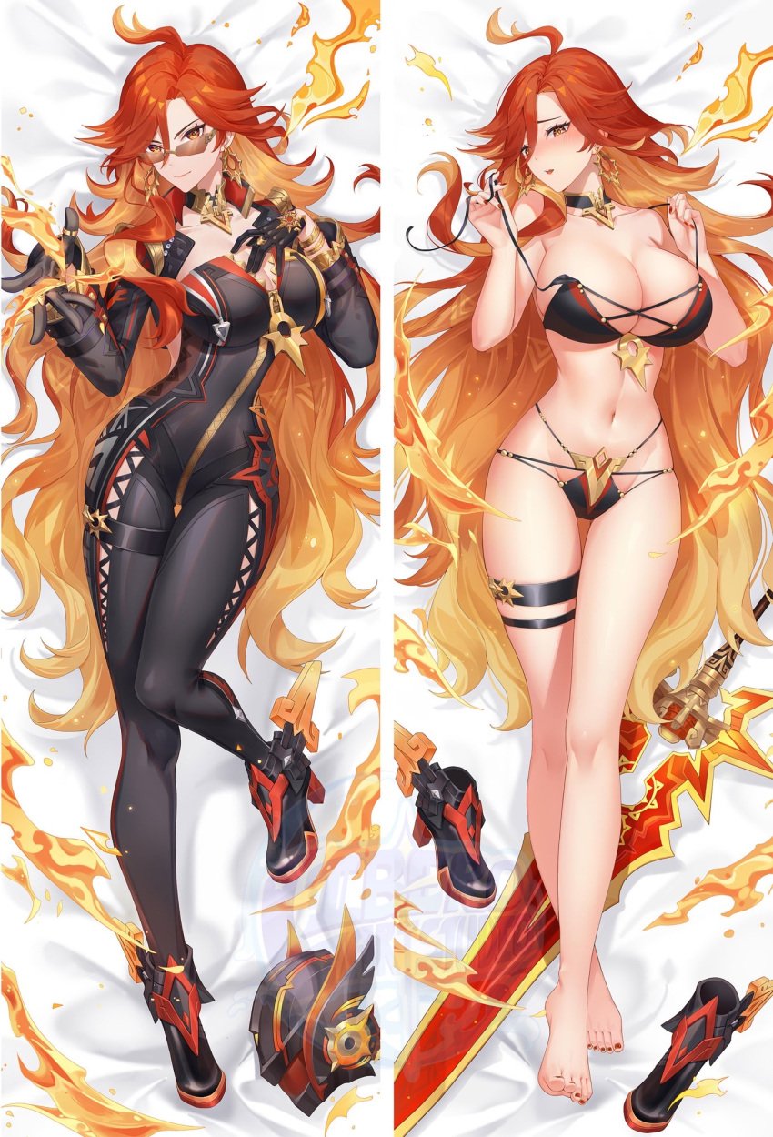 ahoge big_breasts embarrassed flame genshin_impact huge_breasts huge_thighs long_hair mavuika_(genshin_impact) nails navel orange_hair pillow red_eyes red_hair smile suit sunglasses swimsuit thighs weapon yellow_eyes yellow_hair