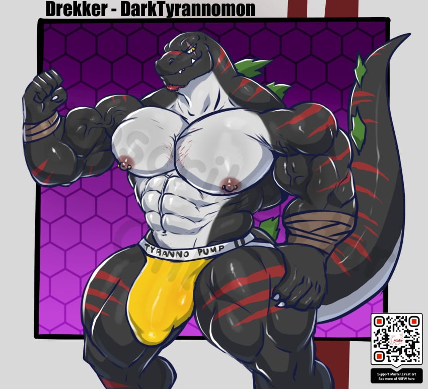 abs anthro areola bandai_namco big_muscles biped claws darktyrannomon digimon digimon_(species) fingers hi_res huge_muscles hyper hyper_muscles male masterelrest muscular muscular_anthro muscular_male nipples pecs qr_code scalie solo tail