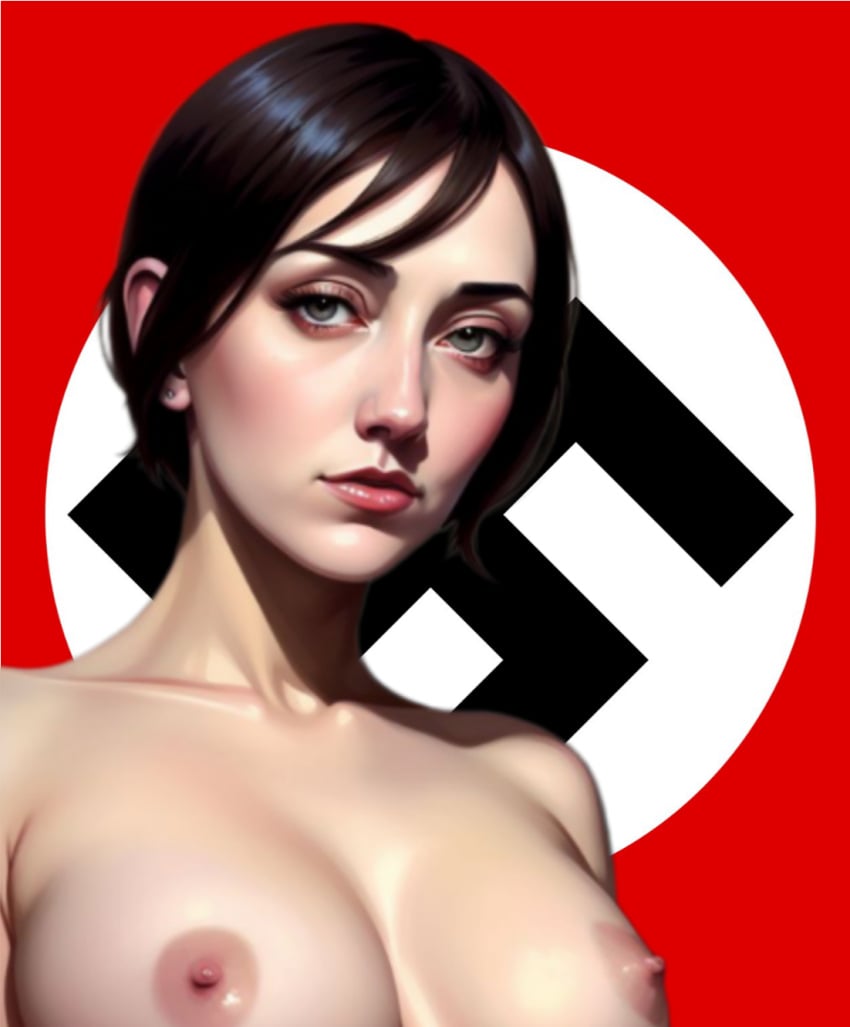 1girls adolf_hitler ai_generated areolae black_hair blue_eyes breasts female female_only front_view history long_hair looking_at_viewer naked naked_female nazi nazi_flag nazi_germany nipples red_background solo solo_female world_war_2 zaganion