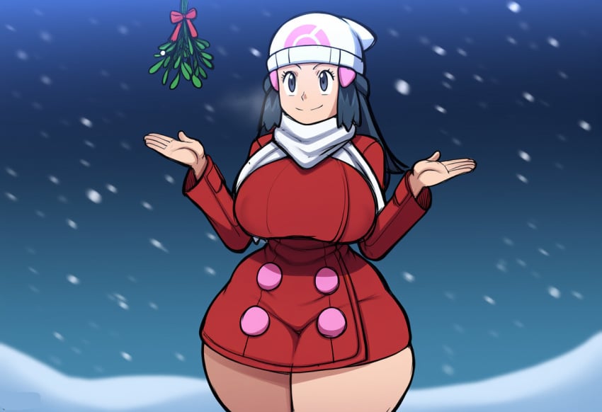 1girls ai_generated christmas curvaceous curvy curvy_figure dawn_(pokemon) female huge_breasts mistletoe mullon novelai pokemon pokemon_dppt skirt snow solo solo_female solo_focus thick_thighs voluptuous