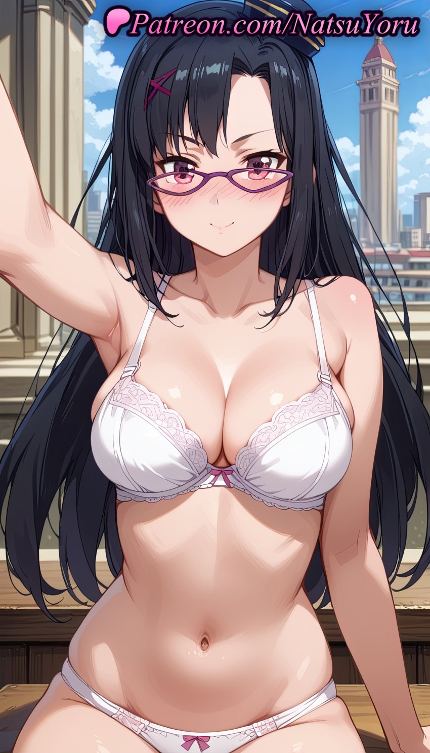 &gt;:) 1girls ai_generated anime anime_style arm_support arm_up armpit armpits asian ass_visible_through_thighs bangs bare_arms bare_shoulders black_hair blue_sky blush bow bow_bra bow_panties bra breasts building bust busty cleavage closed_mouth clothing cloud collarbone day female female_focus female_only glasses hair_ornament hairclip hat hentai kono_subarashii_sekai_ni_shukufuku_wo! large_breasts lingerie long_hair looking_at_viewer megane mini_hat natsuyoru navel outdoors outstretched_arm panties pantsu pink_eyes purple-framed_eyewear purple_eyes red_eyes selfie sena_(konosuba) sitting skindentation sky smile solo solo_female stomach thighs underwear underwear_only v-shaped_eyebrows voluptuous voluptuous_female white_bra white_panties x_hair_ornament