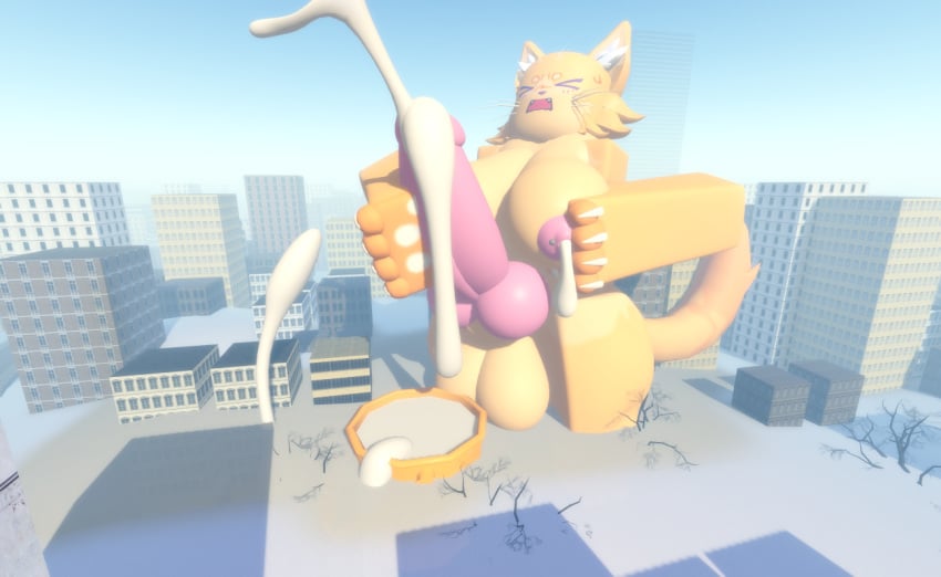 anthro balls breast_squeeze breasts bucket catte_(kaiju_paradise) city cock cum cum_puddle cumshot excessive_cum furry futanari intersex kaiju_paradise lactating macro macro_futa masturbating masturbation ravenuwu roblox self_upload