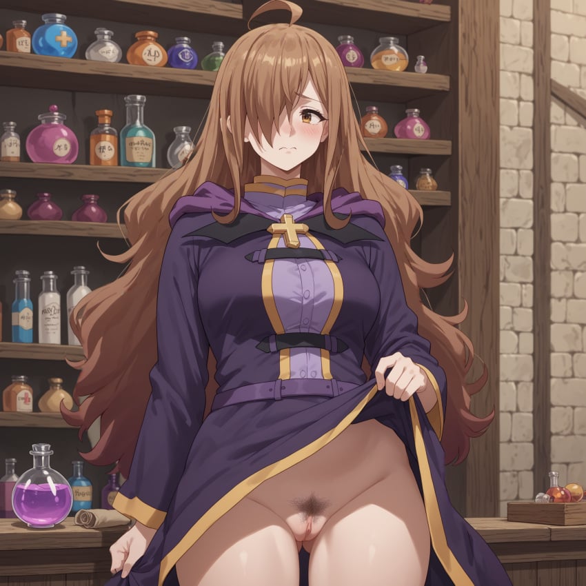 ai_generated big_breasts birthing_hips brown_eyes brown_hair chubby cross crying dress embarrassed hair_over_one_eye hairy hood hood_down ikudo jewelry kono_subarashii_sekai_ni_shukufuku_wo! latin_cross long_dress long_hair long_sleeves looking_away magic_potion pubic_hair purple_dress pussy robe scroll shop upskirt wiz_(konosuba)