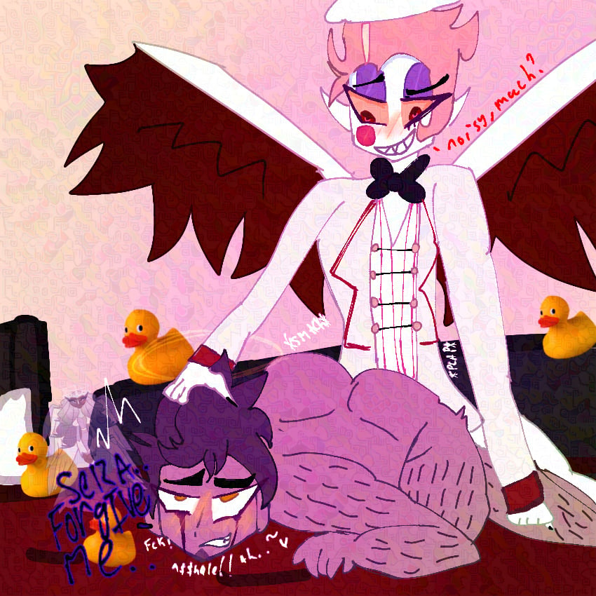 2boys adam_(hazbin_hotel) blush crying_with_eyes_open fucked_from_behind gay hazbin_hotel lucifer_morningstar_(hazbin_hotel) male public_domain rubber_duck sera_(hazbin_hotel) text