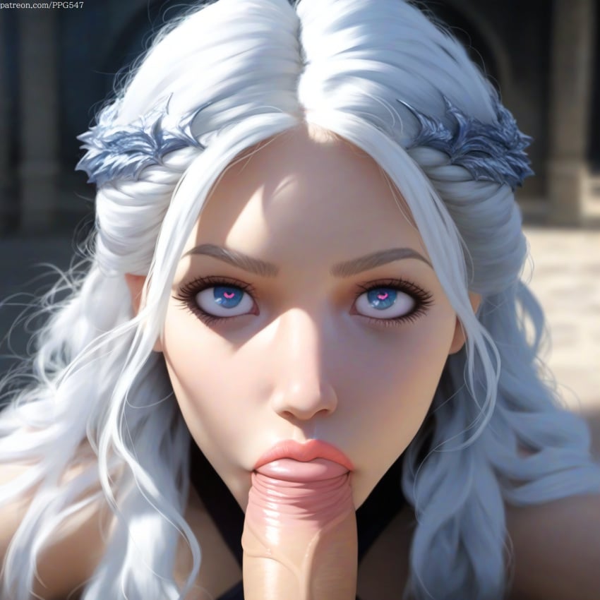 a_song_of_ice_and_fire ai_generated blowjob blowjob_face blue_eyes daenerys_targaryen eye_contact eyelashes face_focus fellatio female female_focus game_of_thrones headwear lipstick long_hair looking_at_viewer nai_diffusion oral oral_sex outdoor_sex outdoors patreon_username penis pink_lipstick pov pov_blowjob pov_eye_contact pujopg realistic sucking sucking_penis torogao veiny_penis white_hair