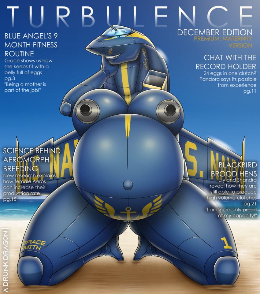 a_drunk_dragon aircraft anthro areola beach big_breasts blue_body blue_eyes blue_sky breasts fangs female genitals grace_smith_(adrunkdragon) hi_res kneeling living_aircraft living_machine living_vehicle looking_at_viewer machine nipples pregnant pregnant_female pupils pussy sand sky slit_pupils smile solo teeth text thick_thighs u.s._navy vehicle