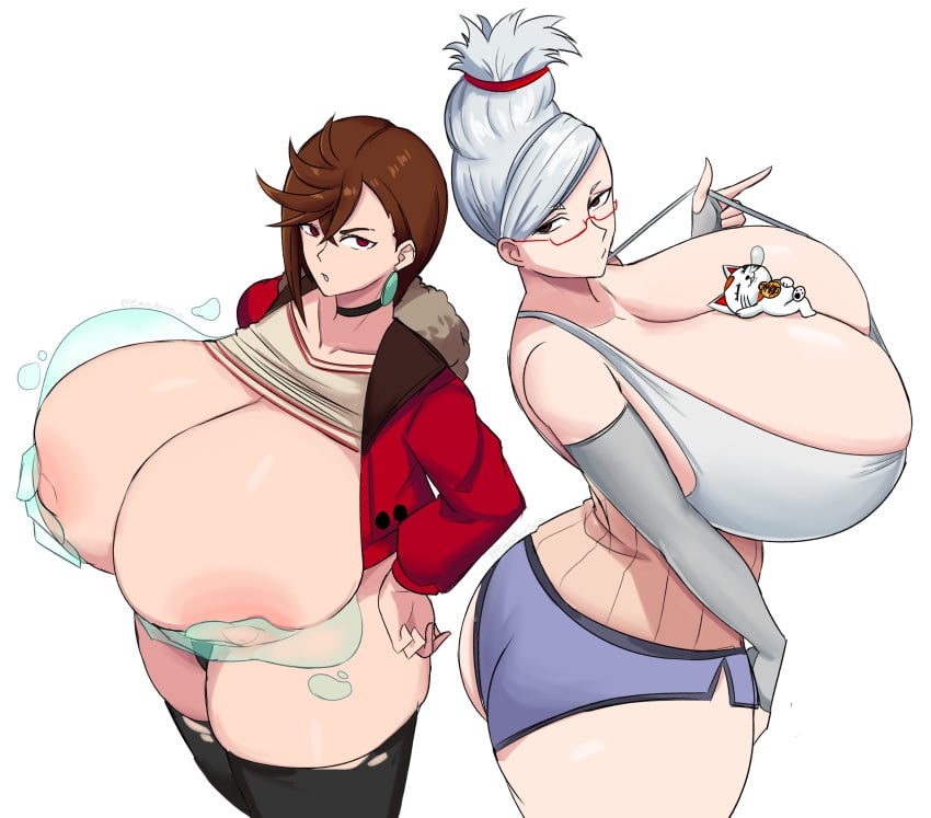 2girls alternate_breast_size areola_slip ayase_momo ayase_seiko breast_pillow breasts brown_hair bubble_ass bubble_butt choker dandadan dolphin_shorts dumptruck_ass earring emmarrgus energy fat_ass fat_breasts female female_only from_above granddaughter grandmother grey_hair hand_on_hip handbra huge_breasts hyper_breasts jacket looking_at_viewer lucky_cat nipples official_alternate_costume ripped_leggings shorts tagme telekinesis turbo_granny_(dandadan) twitter_link white_hair