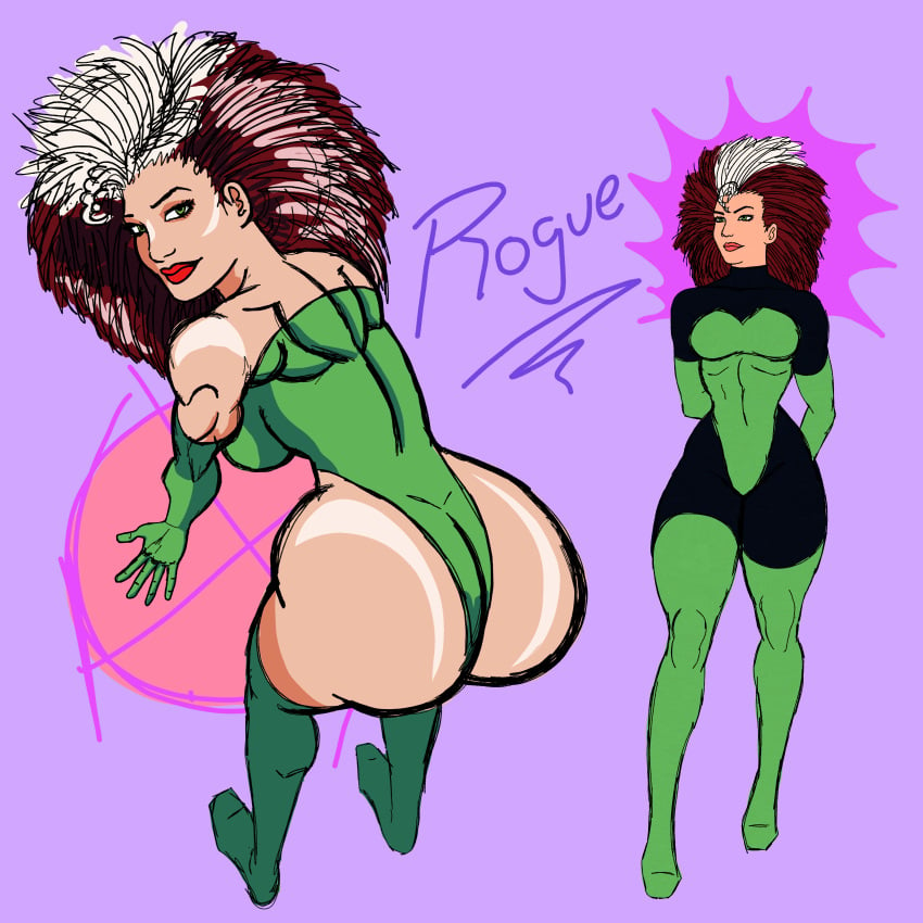 1girls big_ass big_hair green_eyes hands_behind_back huge_ass leotard looking_back marvel masochistmaverick muscular_female posing rogue_(x-men) shiny_skin smile standing thick_thighs