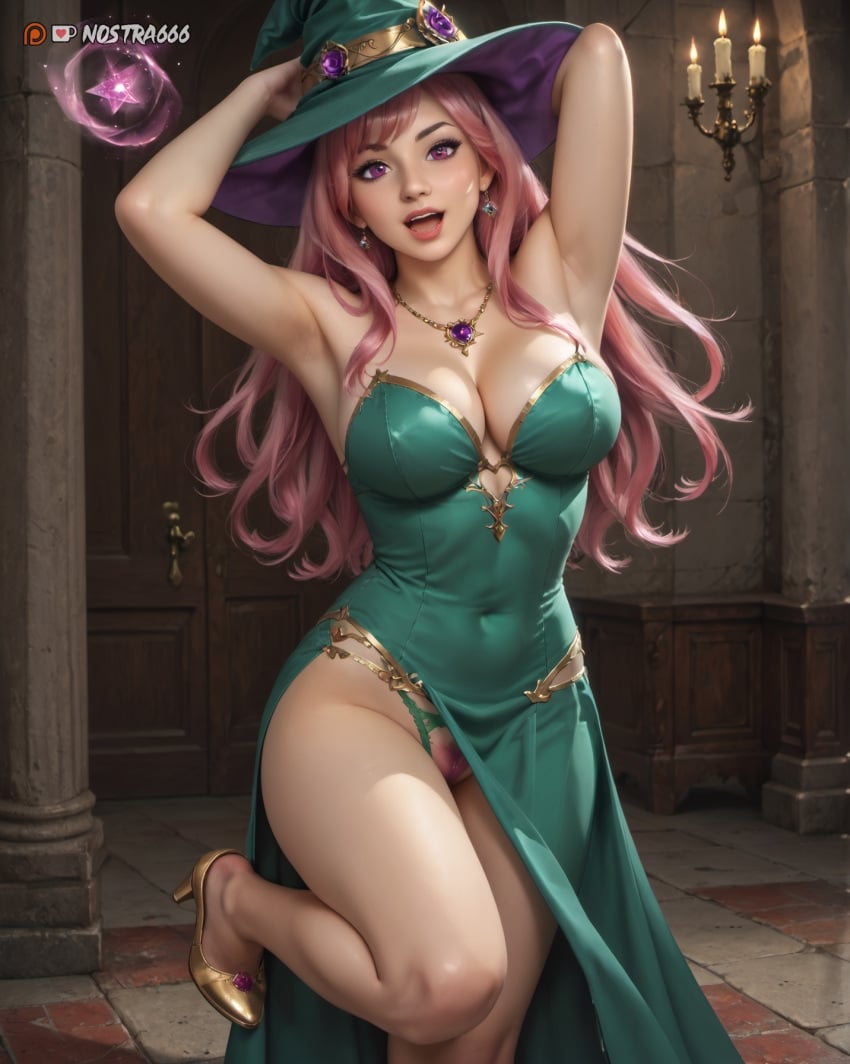 agnietta ai_generated breasts female girl looking_at_viewer nostra666 oc open_mouth original_character patreon pink_hair pubic_hair pussy witch