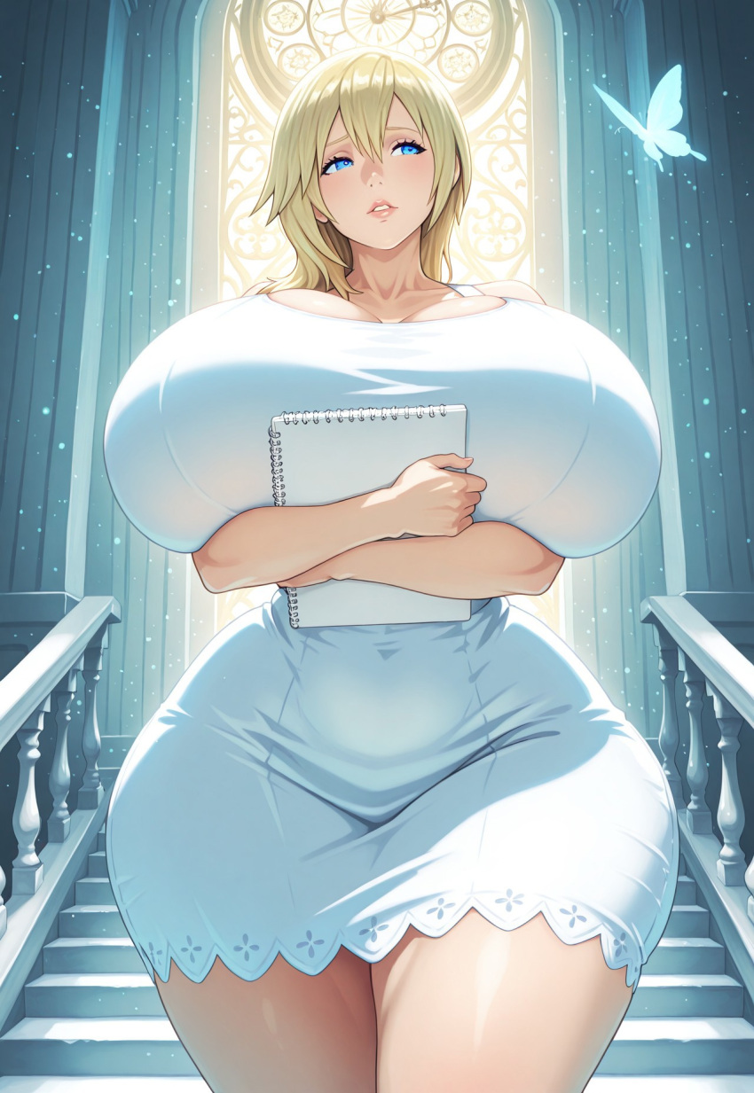 ai_assisted ai_generated alternate_ass_size alternate_body_type alternate_breast_size big_breasts big_butt blonde_female blonde_hair blonde_hair_female blue_eyes civitai detailed_background dress exposed_breasts female front_view gigantic_breasts hentai high_resolution highres holding_object hourglass_figure huge_breasts indoors kingdom_hearts light-skinned_female long_hair looking_away massive_breasts mature mature_female mature_woman namine nsfw parted_lips sketchbook slim_waist smile solo solo_female square_enix sweatdrop sweating thick_ass thick_thighs white_dress white_skin