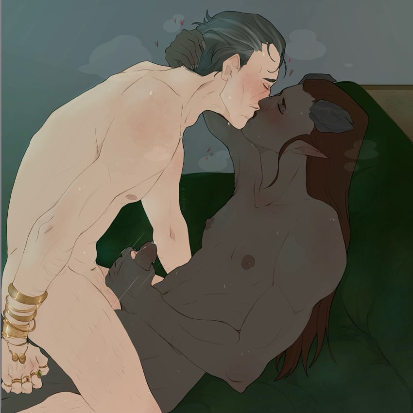 2boys age_difference dragon_age dragon_age_the_veilguard emmrich_volkarin frotting grey_skin kendypun kissing kissing_while_handjob male_only rook_(dragon_age) salt_and_pepper_hair straddling yaoi