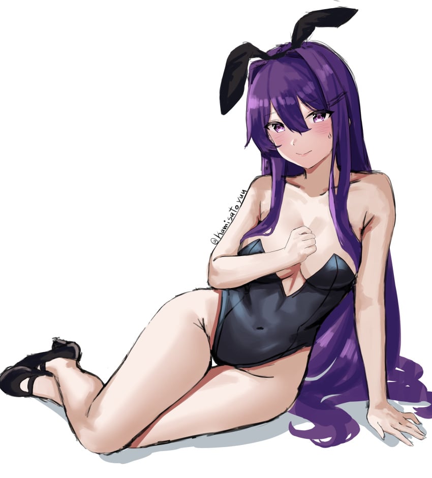 1female 1girls breasts bunny_ears bunnysuit cleavage doki_doki_literature_club female kamisato_yuu long_hair purple_eyes purple_hair yuri_(doki_doki_literature_club)