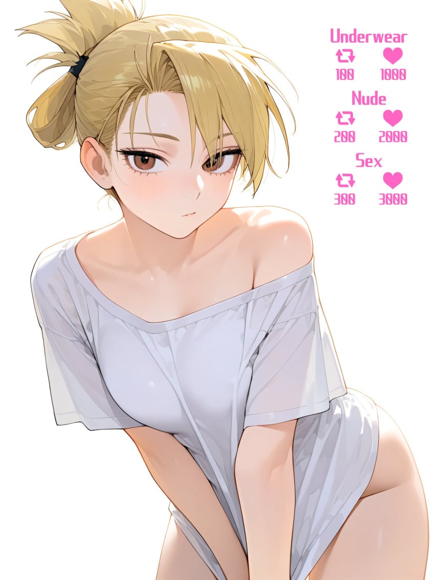 ai_generated april68th bare_legs bending_forward bending_over big_ass blonde_hair brown_eyes embarrassed embarrassed_female fullmetal_alchemist long_hair looking_at_viewer pulling_shirt pulling_shirt_down riza_hawkeye selfie selfie_pose shirt_only slim_waist small_breasts thick thick_hips thick_thighs tied_hair tight_fit wide_hips