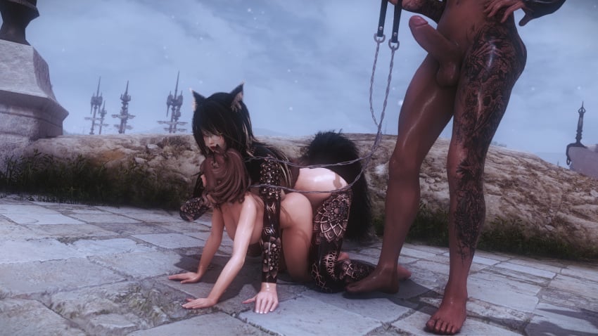 1boy 1futa 1girls 3d auracumdrain bitch_taken_for_walk choking choking_while_penetrating collar dark-skinned_male doggy_style female final_fantasy_xiv futa_on_female futanari gpose(ffxiv) leash light-skinned_female male miqo'te partial_male public_sex self_upload viera walkies