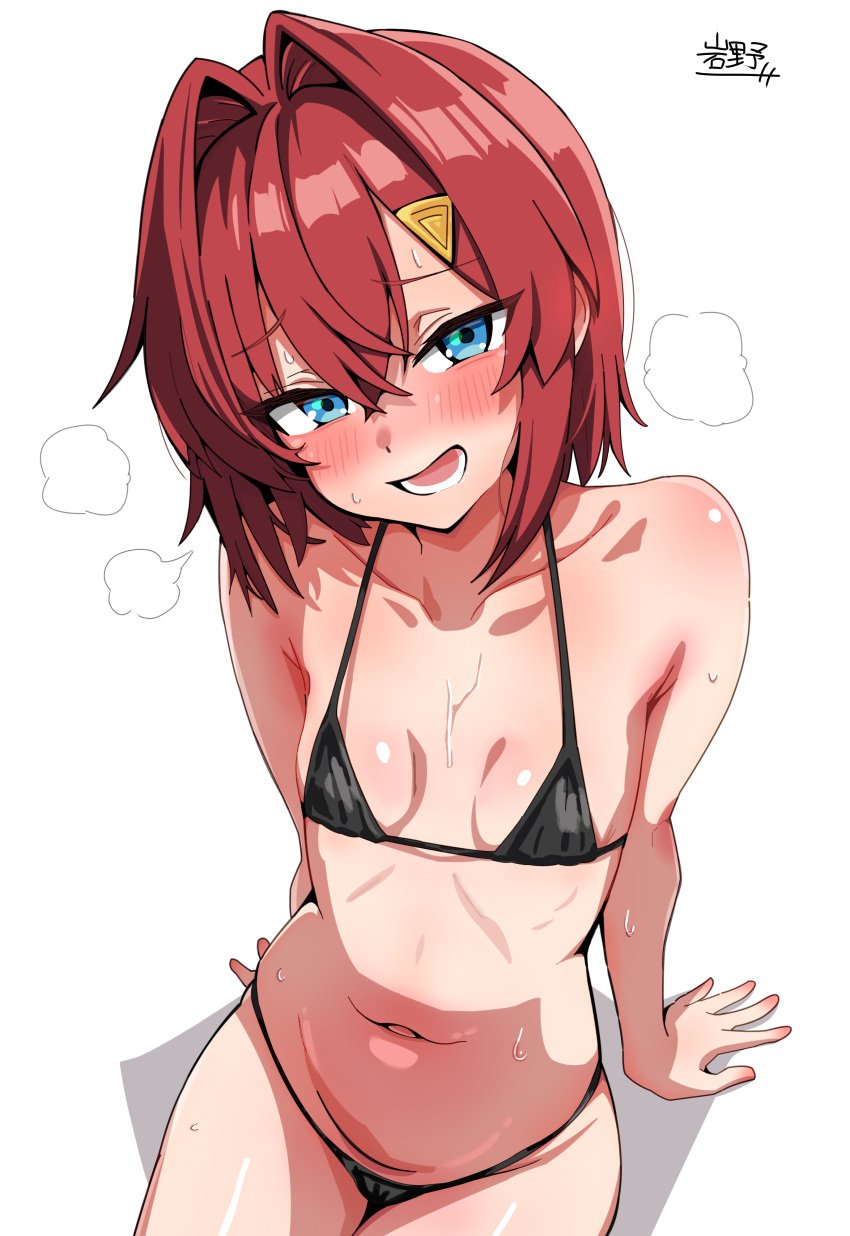 1girls ange_katrina belly belly_button bikini black_bikini blue_eyes blush female female_focus female_only flat_chest hairclip iwano_kenta looking_at_viewer looking_up nijisanji open_mouth red_hair short_hair simple_background small_breasts solo solo_female solo_focus steam steaming_body sweat sweatdrop sweating thick_thighs thighs waist white_background