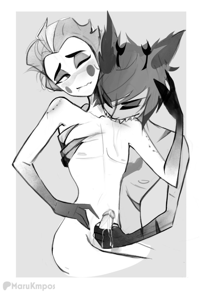 alastor_(hazbin_hotel) bite bite_mark bite_mark_on_shoulder handjob hazbin_hotel lucifer_morningstar_(hazbin_hotel) male/male radioapple submissive_male