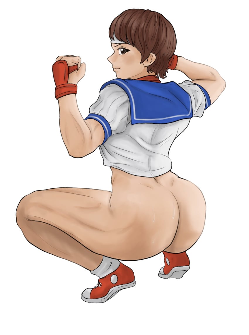 1girls ass ass_focus big_ass bottomless brown_eyes brown_hair capcom flexing from_behind gloves headband looking_at_viewer looking_back nextiris sakura_kasugano school_uniform schoolgirl short_hair slightly_muscular smile smiling_at_viewer squatting street_fighter sweat sweaty sweaty_butt thick thick_ass thick_thighs